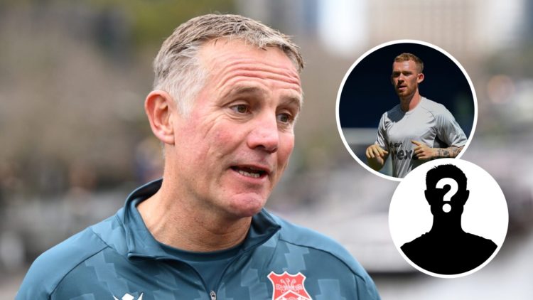 Wrexham manager Phil Parkinson. Inset, Lewis O'Brien and mystery player graphic.