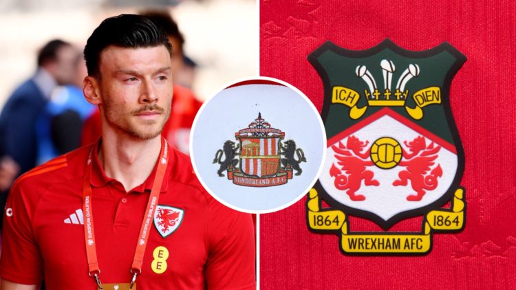 Kieffer Moore of Wales arrives at the stadium. The official club badge of Wrexham AFC on a home shirt. Detail of a Sunderland emblem on a seat in t...