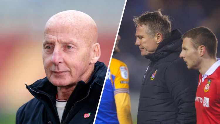 A split image of Wrexham legend Mickey Thomas (L), and Wrexham boss Phil Parkinson alongside striker Paul Mullin