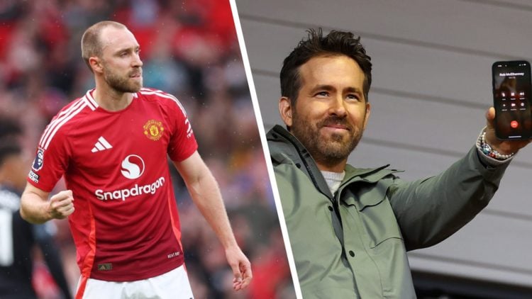 Christian Eriksen of Manchester United. Ryan Reynolds speaks to Rob McElhenney, fellow co-owner of Wrexham on the phone during the Emirates FA Cup ...