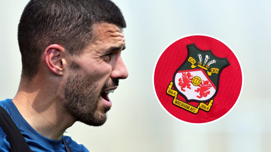 Wrexham badge on a red home shirt. Conor Coady of Leicester City during pre-season training.