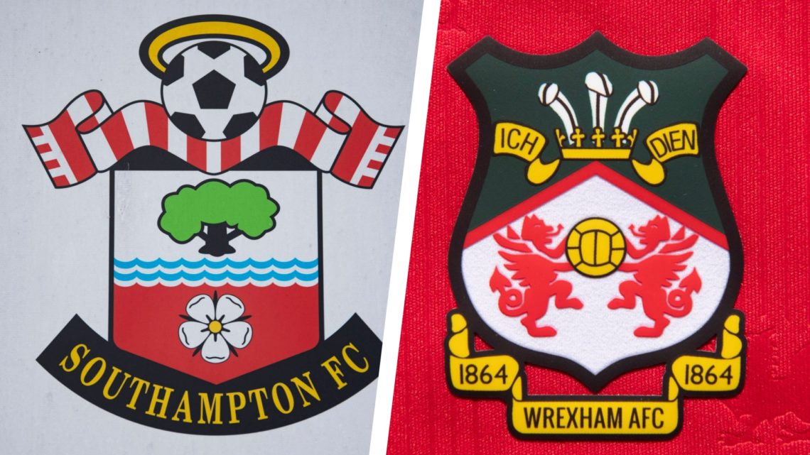 Split image of the official club badges of Southampton and Wrexham AFC.
