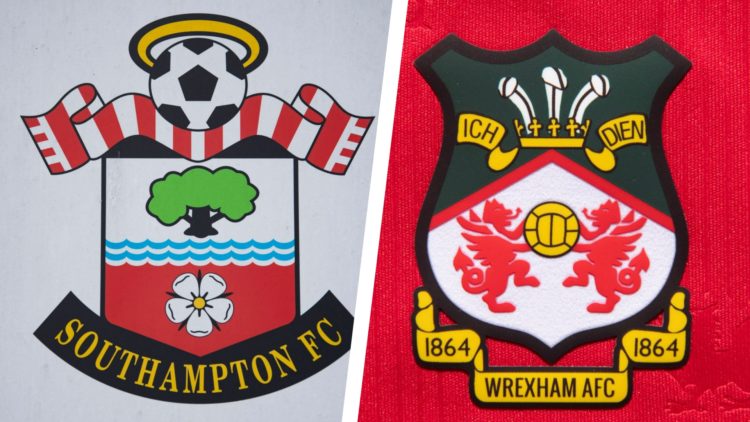 Split image of the official club badges of Southampton and Wrexham AFC.