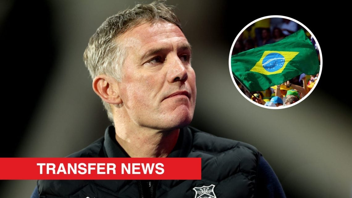 Wrexham boss Phil Parkinson looks on against Huddersfield Town. Inset, a Brazil flag.