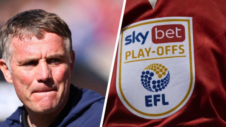 Wrexham boss Phil Parkinson looks on against Halifax Town. The official Sky Bet EFL Play Off badge on the sleeve of a Nottingham Forest player duri...
