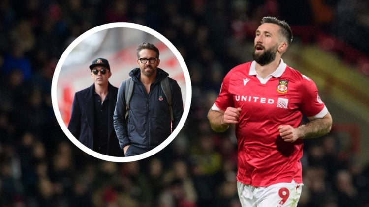 Wrexham player Ollie Palmer during a League One match. Inset a picture of Wrexham co-owners Rob Mac and Ryan Reynolds.