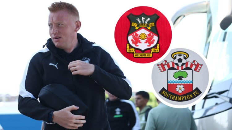 Southampton manager Will Still before a friendly game. Inset, pictures of the official club badges of Wrexham and Southampton.
