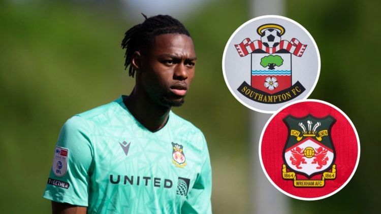 Wrexham goalkeeper Arthur Okonkwo. Inset, Wrexham badge and Southampton badge.