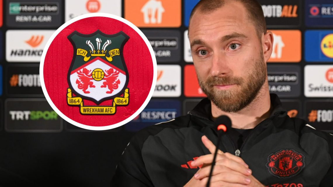 Christian Eriksen speaks in a press conference at Manchester United. Inset a picture of the official club badge of Wrexham.