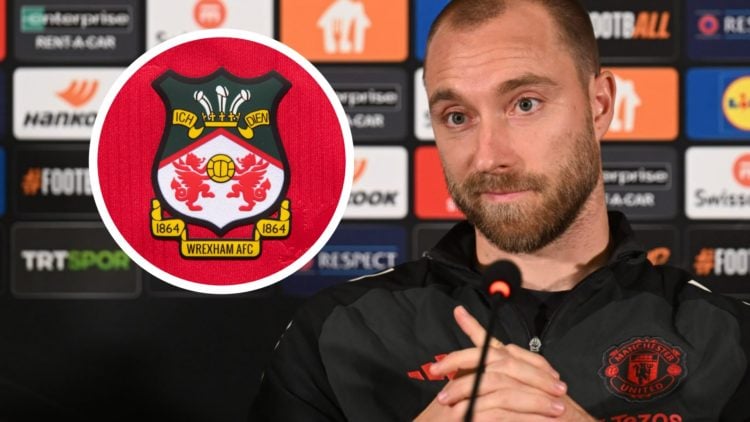 Christian Eriksen speaks in a press conference at Manchester United. Inset a picture of the official club badge of Wrexham.
