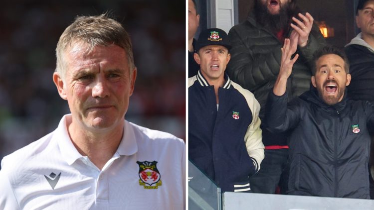 A split image of Wrexham boss Phil Parkinson (L) and Wrexham co-chairmen Rob McElhenney and Ryan Reynolds (R)
