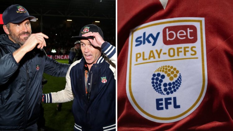 Ryan Reynolds and Rob McElhenney, owners of Wrexham, embrace. The official Sky Bet EFL play-off badge on the sleeve of a Nottingham Forest player d...