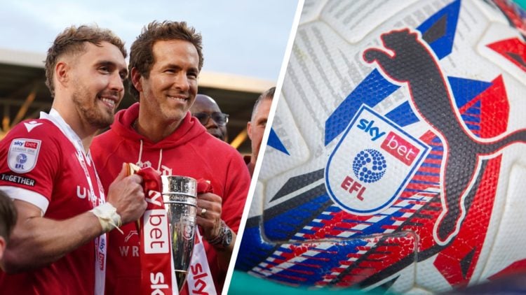Sam Smith and Ryan Reynolds celebrate promotion following Wrexham AFC v Charlton Athletic FC in the Sky Bet League One clash. A detailed view of th...