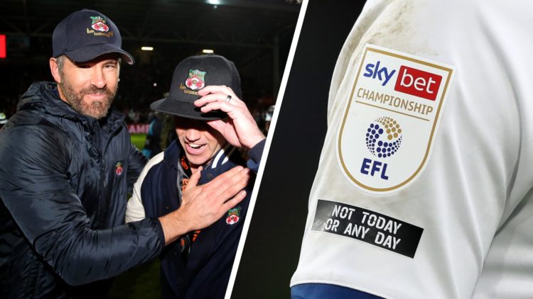 Ryan Reynolds and Rob McElhenney celebrate Wrexham's win over Boreham Wood. A detailed view of a shirt sleeve with the EFL Championship logo during...