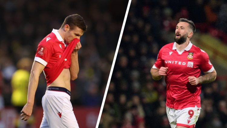 Paul Mullin of Wrexham reacts during the Emirates FA Cup First Round match between Harrogate Town and Wrexham AFC. Ollie Palmer in action during Wr...