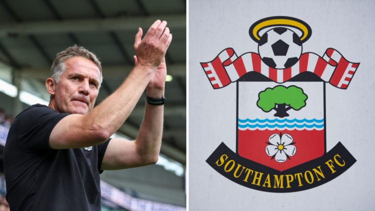 Wrexham manager Phil Parkinson applauds the fans. Southampton badge spotted before Southampton v Arsenal - Premier League.