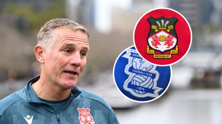 Phil Parkinson the coach of Wrexham speaks to the media. The official club badge of Birmingham City. The official club badge of Wrexham AFC on a ho...