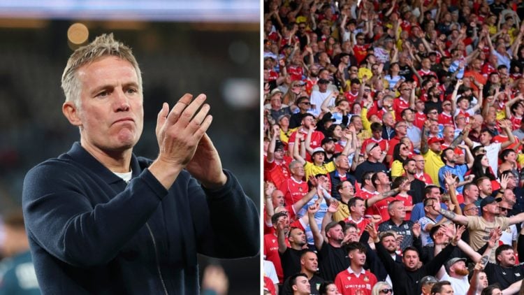 Phil Parkinson, Head Coach of Wrexham AFC. Fans of Wrexham show their support during the Sky Bet Championship match between Southampton and Wrexham...