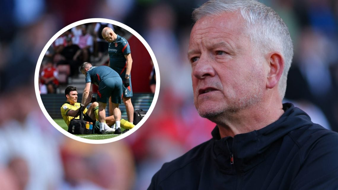 Sheffield United manager Chris Wilder looks on from the touchline. Inset a picture of Wrexham striker Kieffer Moore.
