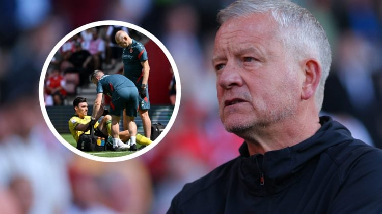 Sheffield United manager Chris Wilder looks on from the touchline. Inset a picture of Wrexham striker Kieffer Moore.