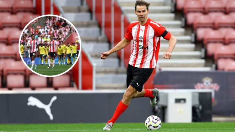Southampton legend Jo Tessem with inset of Southampton players dejected after Wrexham take the lead in August Championship clash