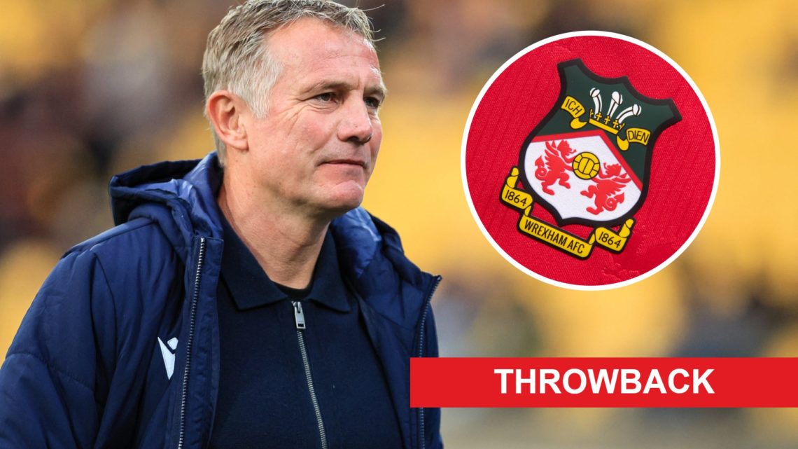 Wrexham manager Phil Parkinson. Inset, Wrexham badge. Overlaid, throwback banner.