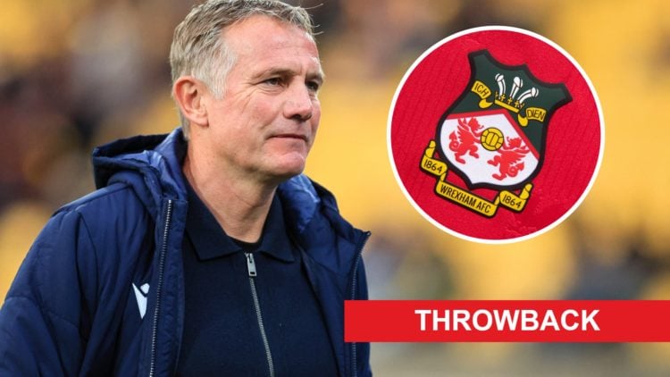 Wrexham manager Phil Parkinson. Inset, Wrexham badge. Overlaid, throwback banner.