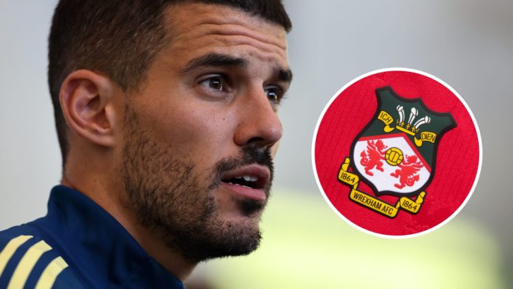 Close-up image of Conor Coady. Inset, Wrexham badge.