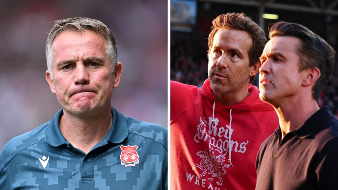 Split image of Wrexham manager Phil Parkinson (L) and owners Rob Mac and Ryan Reynolds (R)