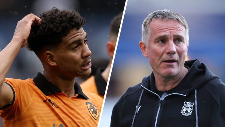 Cody Drameh of Hull City looks dejected (left), Phil Parkinson manager / head coach of Wrexham (right)