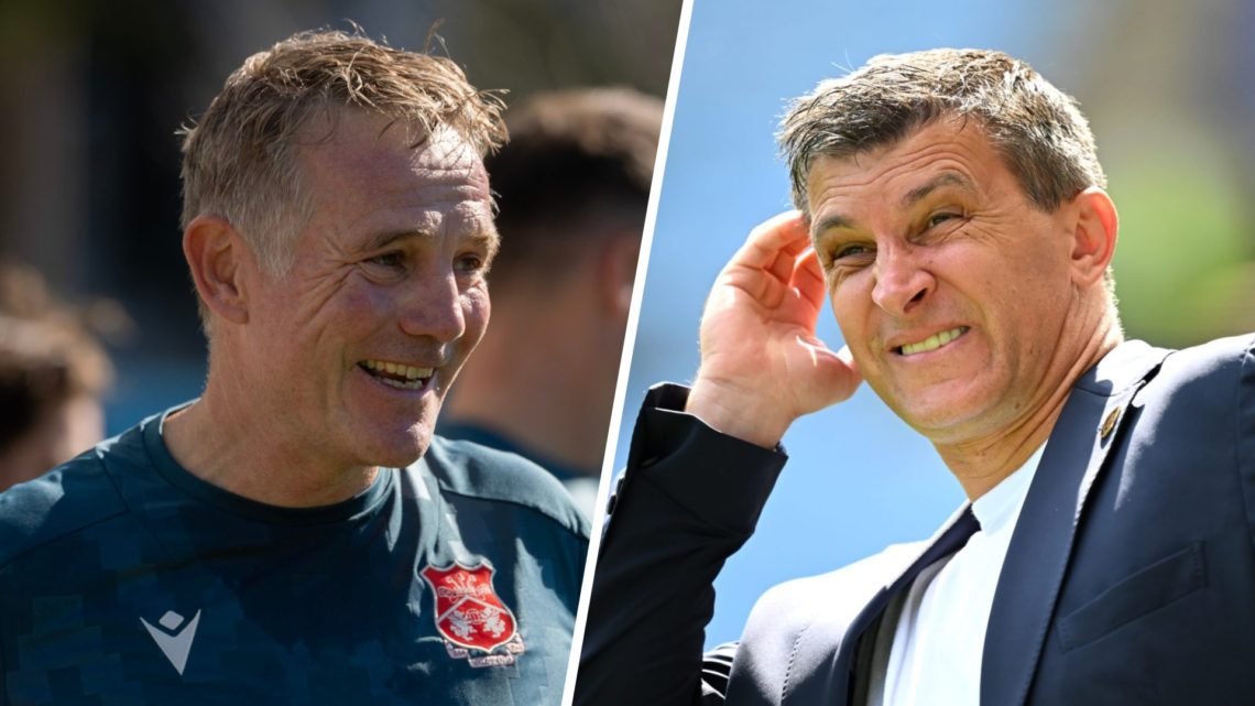 Head Coach Phil Parkinson of Wrexham reacts (left), Sergej Jakirovic, Manager of Hull City, reacts (right)