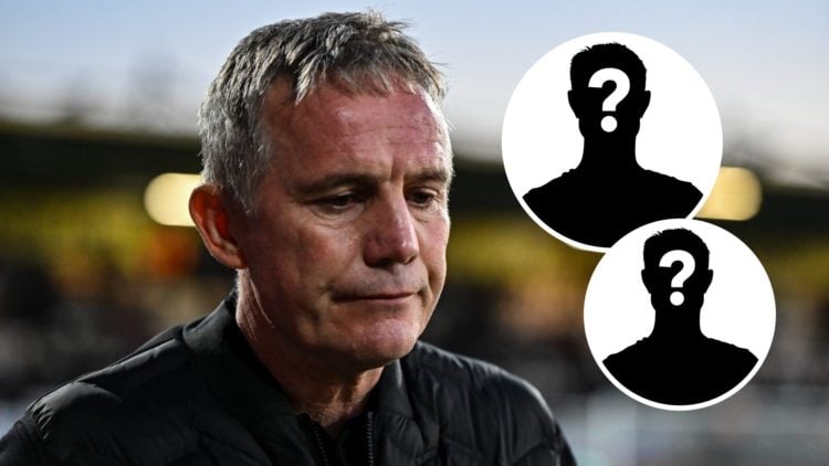 Wrexham manager Phil Parkinson. Inset, two mystery player graphics.