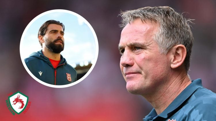 Wrexham manager Phil Parkinson looks on from the sideline. Inset a picture of Wrexham player Elliot Lee before a match.