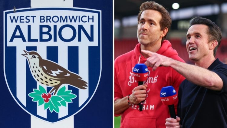 Ryan Reynolds and Rob McElhenney co owners of Wrexham. A general view of the West Bromwich Albion badge at The Hawthorns.