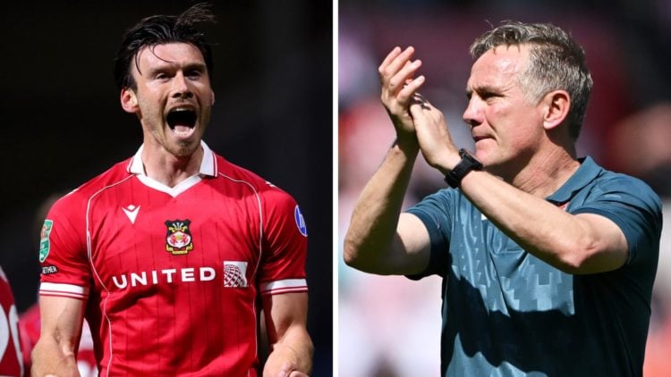 Kieffer Moore of Wrexham celebrates scoring (left), Phil Parkinson, Manager of Wrexham applauds the fans (right)