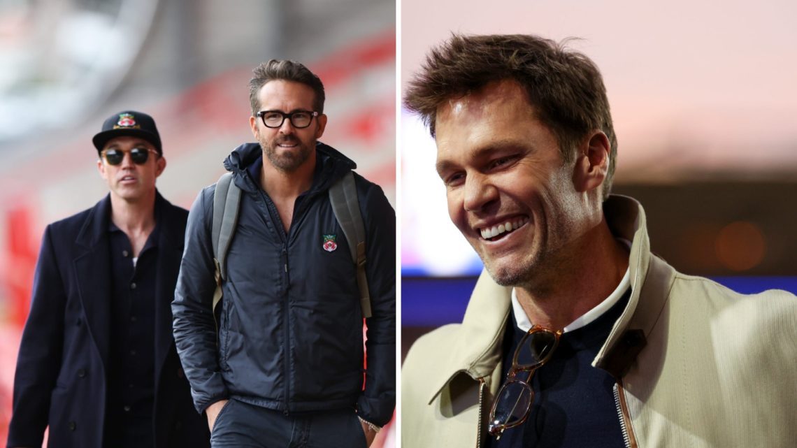 Wrexham Football Club owners Rob McElhenney and Ryan Reynolds arrive. Tom Brady ahead of Birmingham City FC v Wrexham AFC - Sky Bet League One