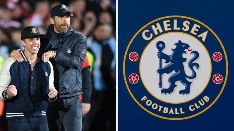 Ryan Reynolds and Rob McElhenney celebrate promotion after Wrexham v Boreham Wood in the National League clash. Detailed view of the Chelsea FC badge.
