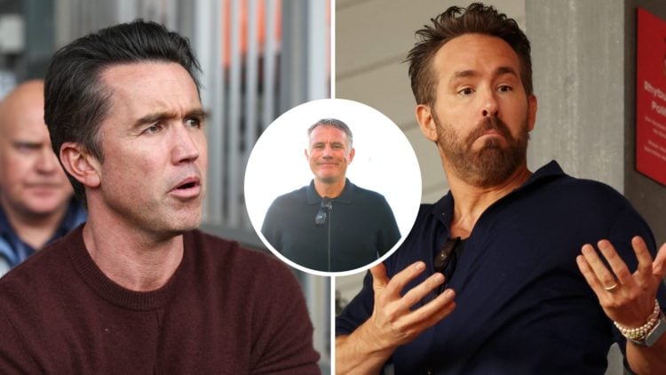 Rob McElhenney watches Blackpool vs Wrexham AFC - Sky Bet League One. Ryan Reynolds, Owner of Wrexham. Coach Phil Parkinson of Wrexham AFC looks on