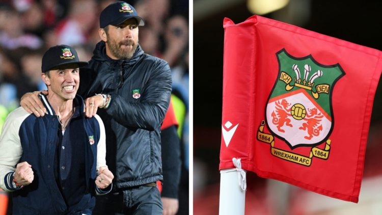 Rob McElhenney and Ryan Reynolds celebrate Wrexham's win over Boreham Wood. A detailed view of a Wrexham corner flag is seen during the Vanarama Na...
