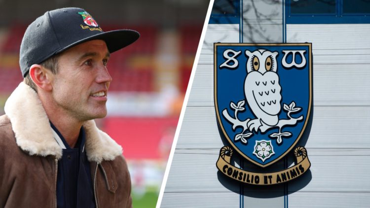 Rob McElhenney during Wrexham v Notts County - Vanarama National League. The Sheffield Wednesday club crest outside the Hillsborough Stadium.