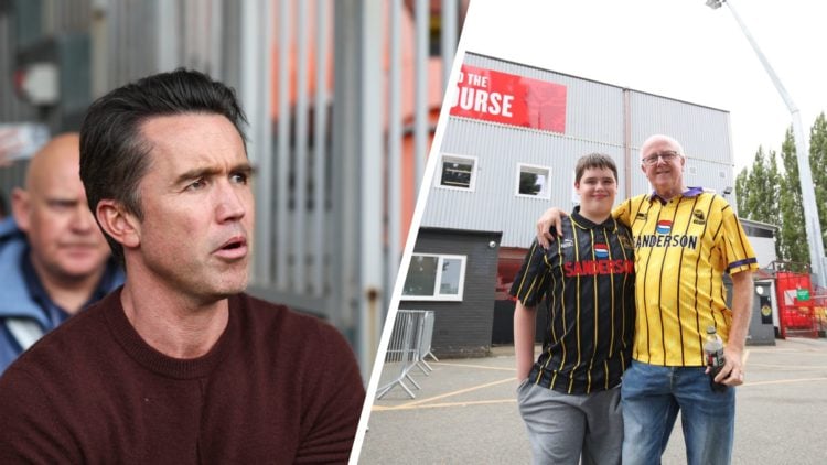 Rob McElhenney watches Blackpool vs Wrexham AFC - Sky Bet League One. Sheffield Wednesday fans pose for a photo outside the stadium.
