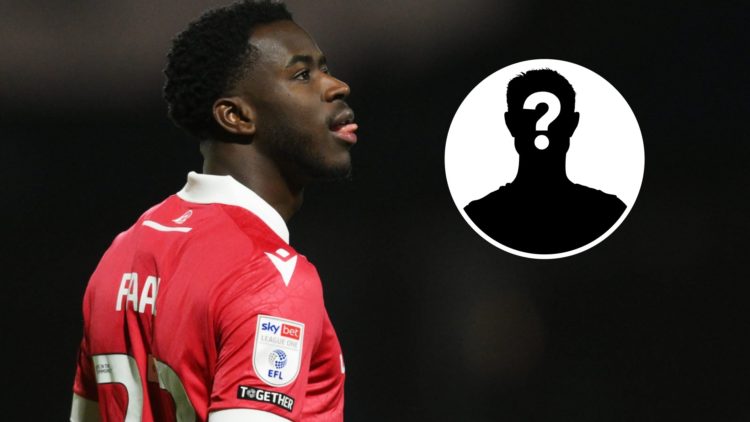 Wrexham striker Mo Faal looks on. Inset, a mystery player icon