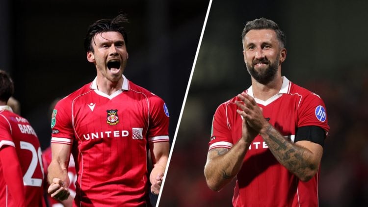 Kieffer Moore celebrates scoring during Preston North End v Wrexham in the Carabao Cup Second Round clash. Ollie Palmer of Wrexham applauds the fans.