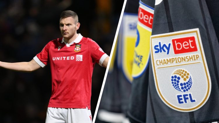 Paul Mullin during Stockport County FC v Wrexham AFC - Sky Bet League One. EFL Championship logo on a shirt ahead of Norwich City vs Swansea City.