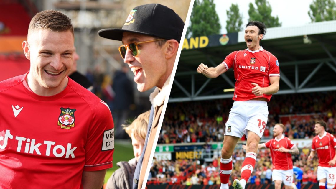 Paul Mullin with Rob McElhenney after Wrexham v Notts County in the Vanarama National League clash. Kieffer Moore of Wrexham celebrates scoring.