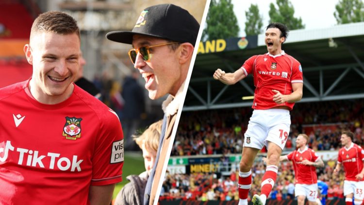 Paul Mullin with Rob McElhenney after Wrexham v Notts County in the Vanarama National League clash. Kieffer Moore of Wrexham celebrates scoring.
