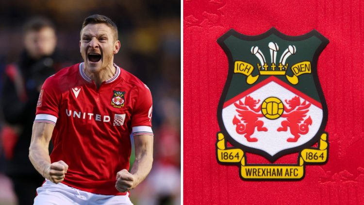 Paul Mullin celebrates after Wrexham's win over Shrewsbury Town in the FA Cup. The official club badge of Wrexham AFC on a home shirt.