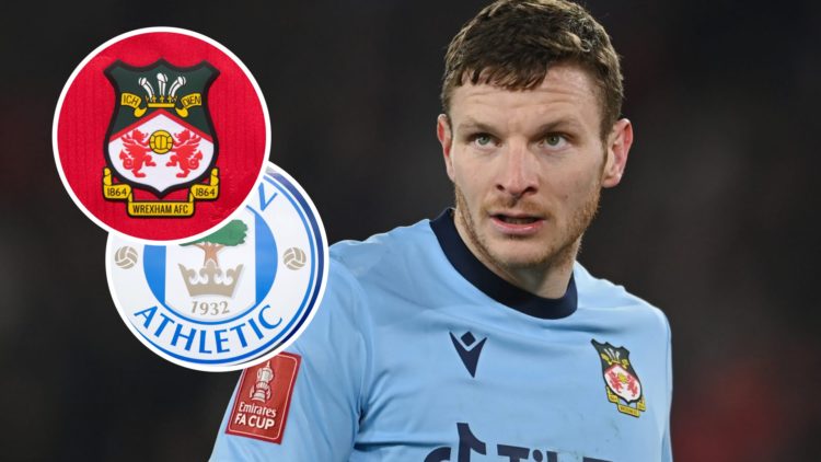 Paul Mullin during Sheffield United v Wrexham: Emirates FA Cup Fourth Round Replay. The official club badge of Wrexham AFC on a home shirt. The clu...