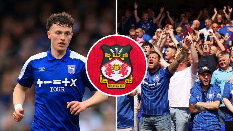 A split image of Ipswich Town forward Nathan Broadhead (L), and Ipswich Town fans (R). Inset, the Wrexham badge on a red home shirt.
