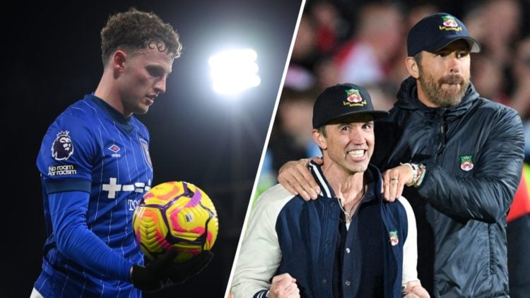 A split image of Ipswich Town forward Nathan Broadhead (L) and Rob McElhenney alongside Ryan Reynolds (R)